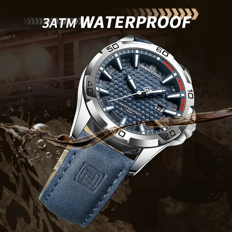 Relógio Masculino NAVIFORCE com Pulseira de Couro, Quartz e à Prova D'Água