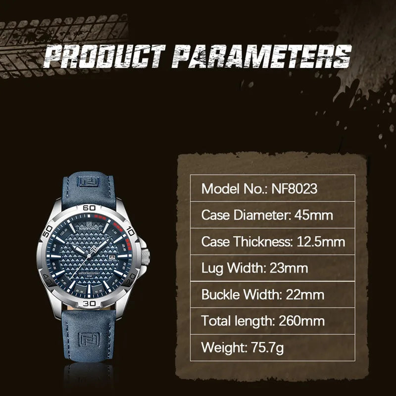 Relógio Masculino NAVIFORCE com Pulseira de Couro, Quartz e à Prova D'Água